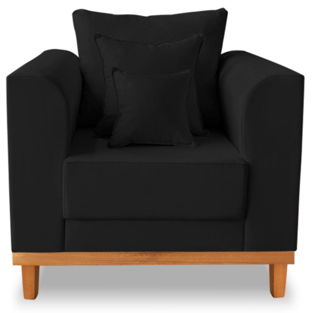 Poltrona Sala de Estar Beny Suede Preto Com Almofadas Decorativas Madeira Estofados