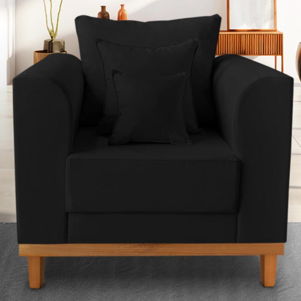 Poltrona Sala de Estar Beny Suede Preto Com Almofadas Decorativas Madeira Estofados