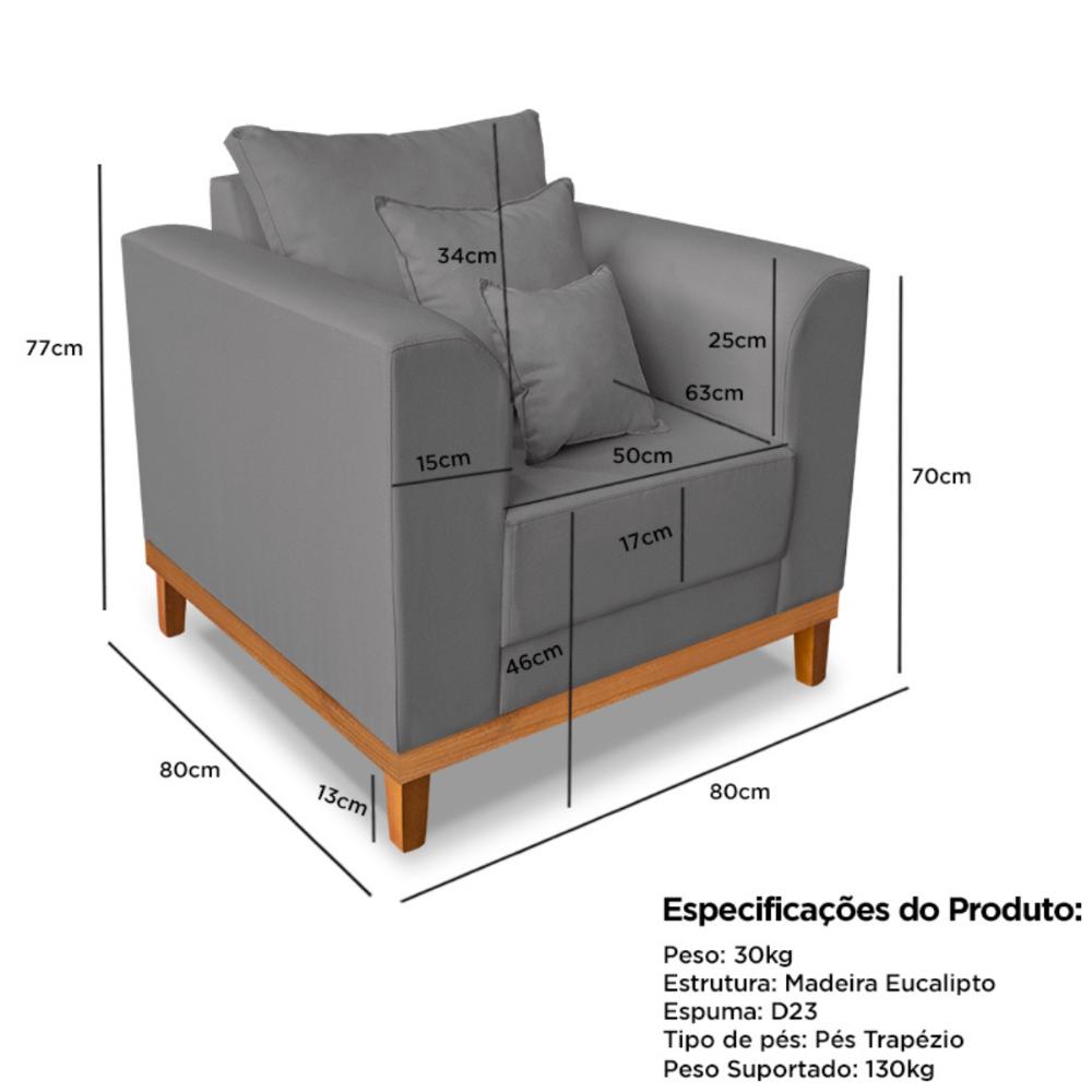 Poltrona Sala de Estar Beny Suede Preto Com Almofadas Decorativas Madeira Estofados