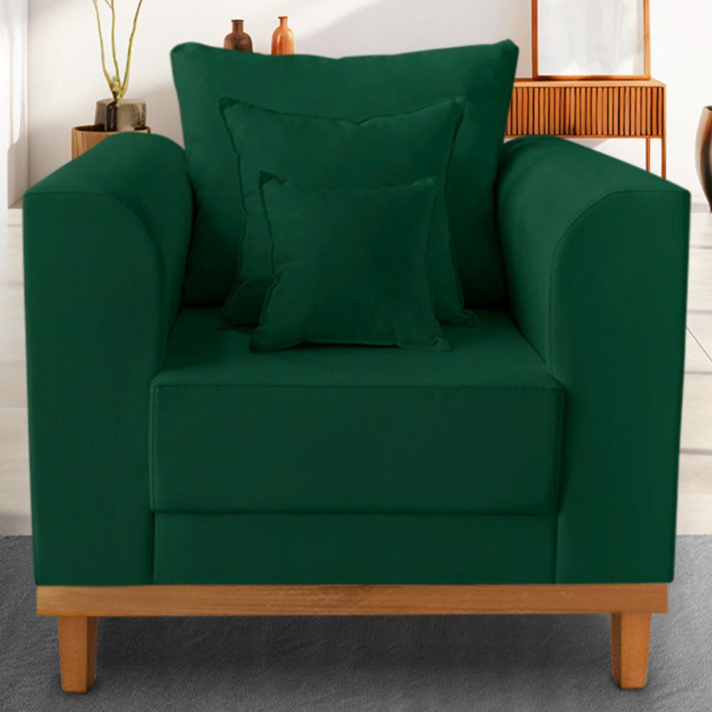 Poltrona Sala de Estar Beny Suede Verde Com Almofadas Decorativas Madeira Estofados