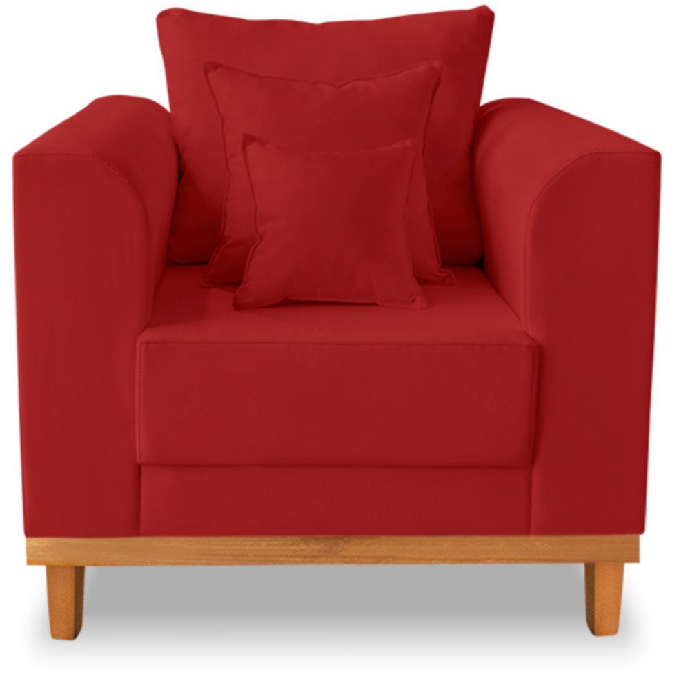 Poltrona Sala de Estar Beny Suede Vermelha Com Almofadas Decorativas Madeira Estofados