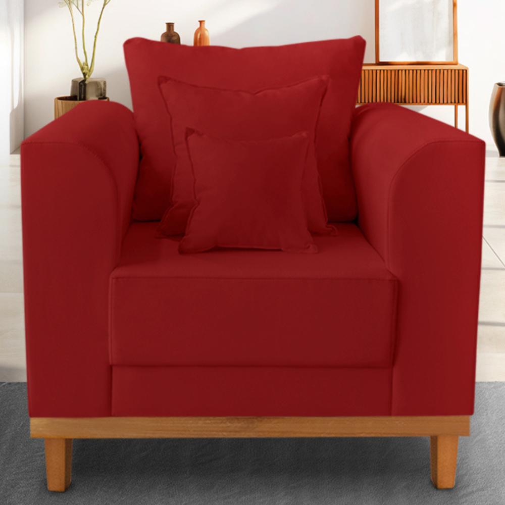 Poltrona Sala de Estar Beny Suede Vermelha Com Almofadas Decorativas Madeira Estofados