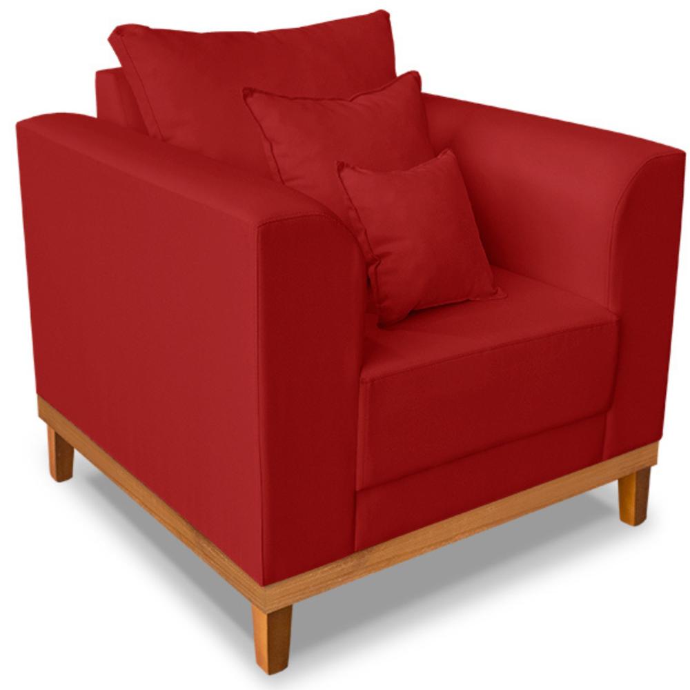 Poltrona Sala de Estar Beny Suede Vermelha Com Almofadas Decorativas Madeira Estofados