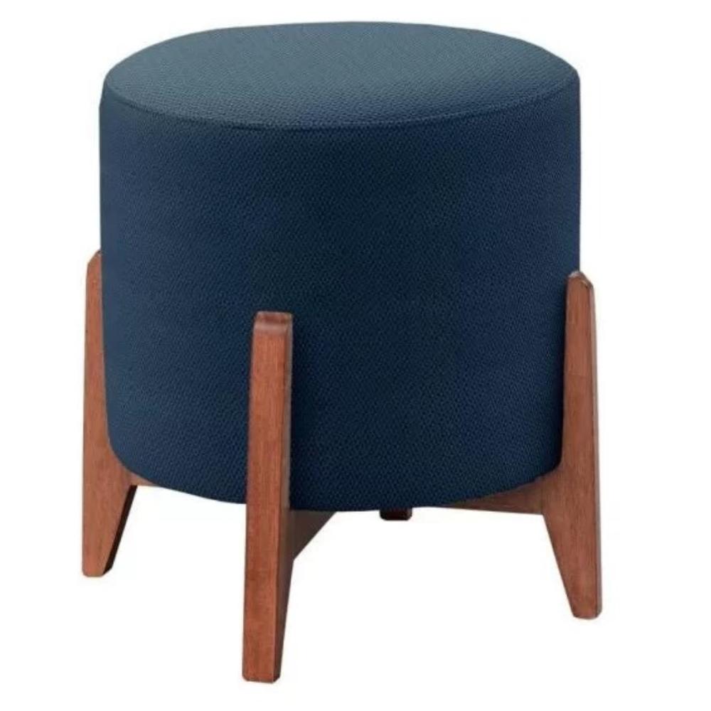 Puff Decorativo para Sala Thor Linho Azul Madeira Estofados