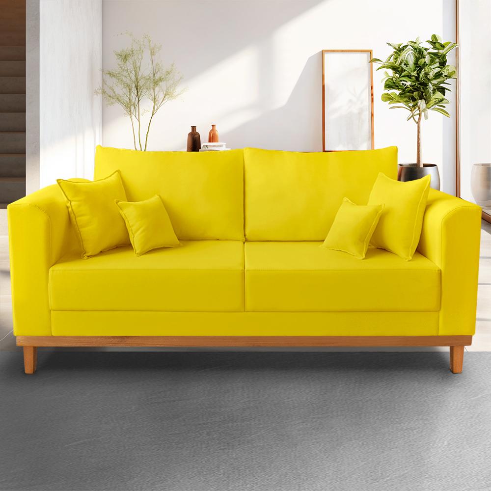 Sofá 3 Lugares Retro Sala de Estar Beny Suede Amarelo Madeira Estofados