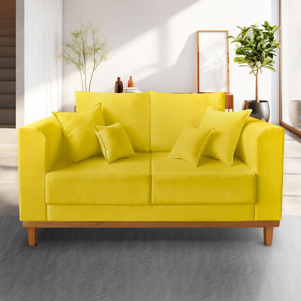 Sofá Sala de Estar 02 Lugares Beny Suede Amarelo Madeira Estofados