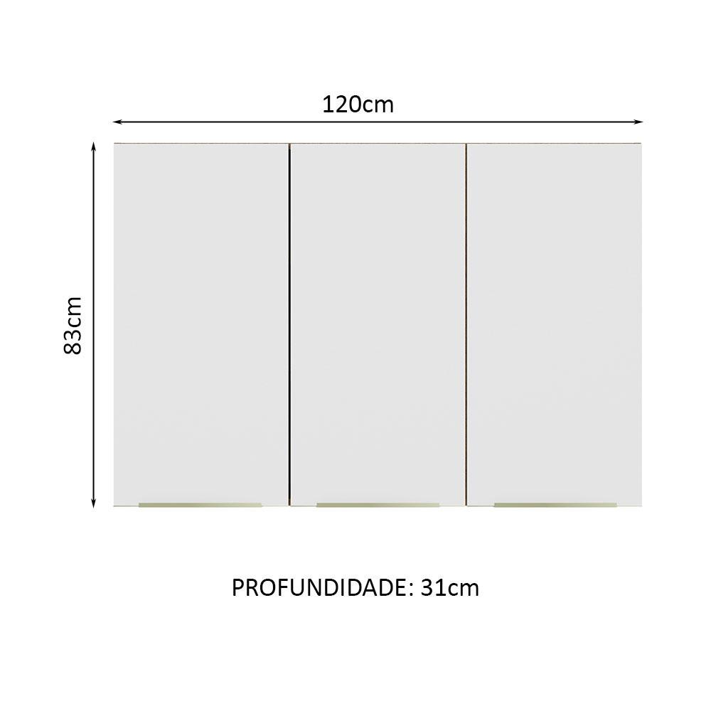 Armário Aéreo 120 cm 3 Portas Rustic/Branco Veludo Lux Madesa