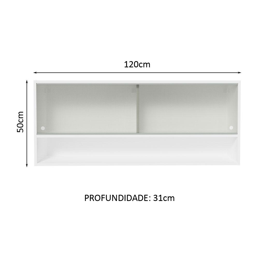 Armário Aéreo 120cm 2 Portas Correr Vidro Pontilhado 1 Nicho Branco para Cozinhas Glamy, Lux e Reims Madesa