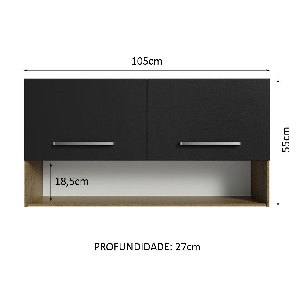Armário Aéreo Cozinha 105cm 2 Portas 1 Nicho Rustic/Preto Emilly Madesa