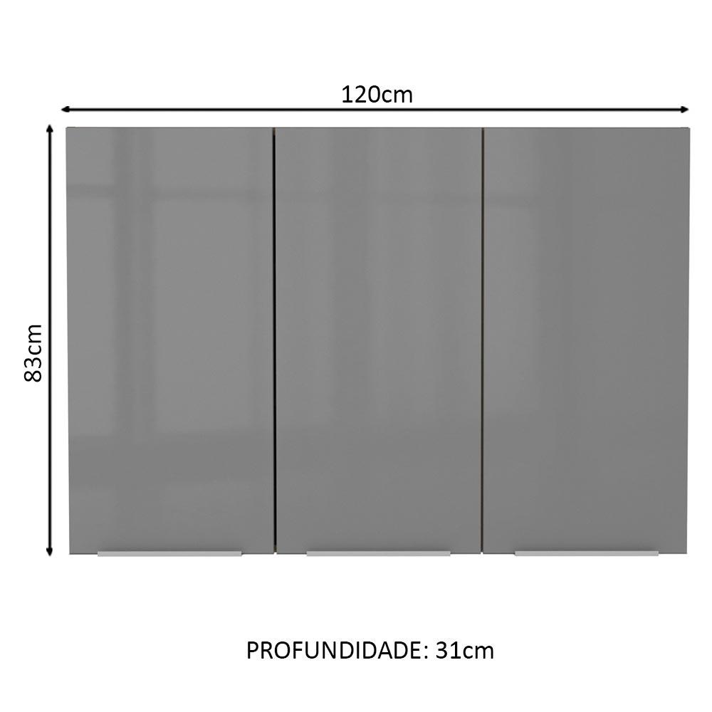 Armário Aéreo Madesa Lux 120 cm 3 Portas - Rustic/Cinza
