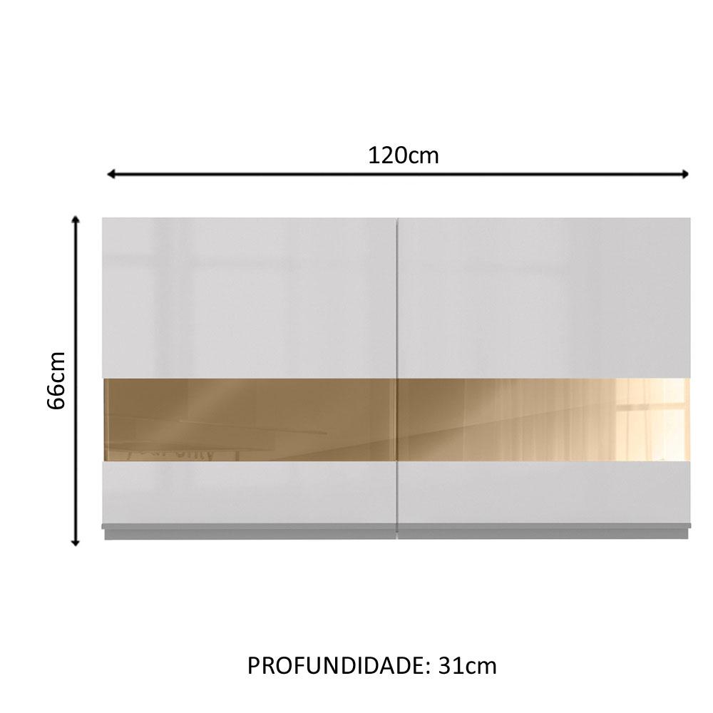 Armário De Cozinha Aéreo 100% MDF 120 cm Vidro Reflex Portas Branco Brilho Acordes Madesa