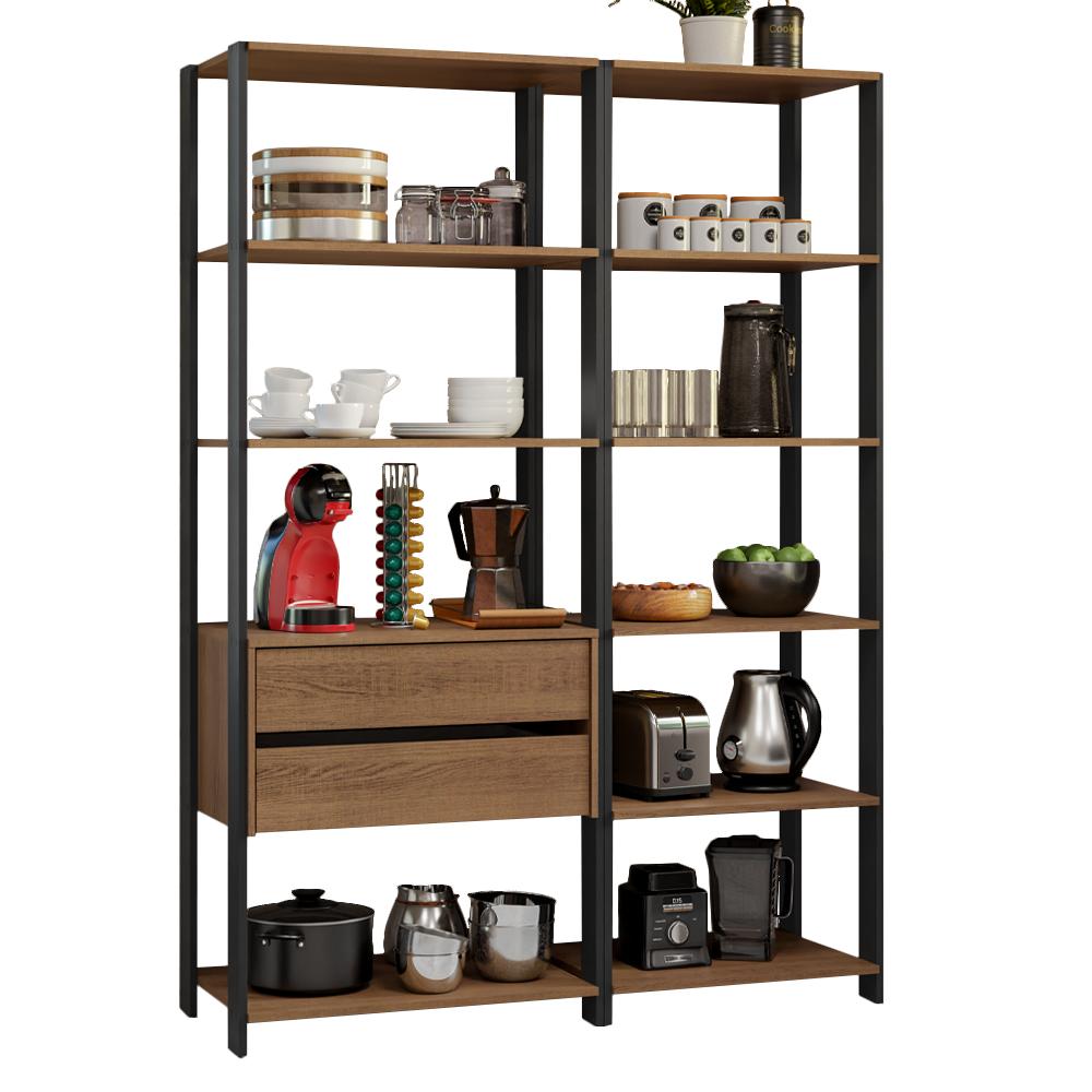 Armário Estante Multiuso Organizador 2 Gavetas 9 Prateleiras 129cm Rustic/Preto Madesa