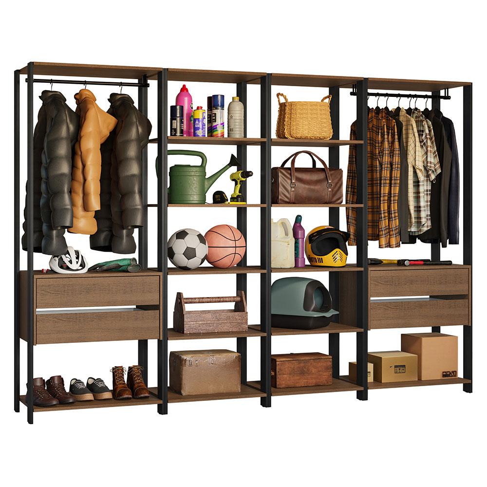 Armário Estante Multiuso Organizador 4 Gavetas 258cm Rustic/Preto Madesa
