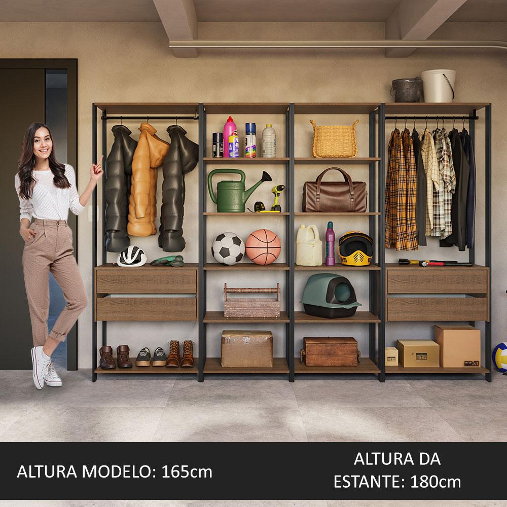 Armário Estante Multiuso Organizador 4 Gavetas 258cm Rustic/Preto Madesa