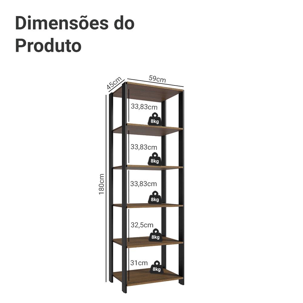 Armário Estante Multiuso Organizador 5 Prateleiras 59cm Rustic/Preto Madesa