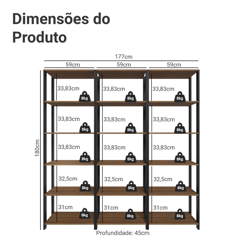Armário Estante Multiuso Organizador Despensa 15 Prateleiras 177cm Rustic/Preto Madesa