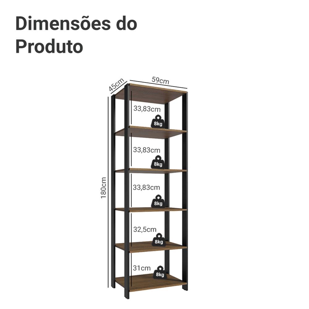 Armário Estante Multiuso Organizador Despensa 5 Prateleiras 59cm Rustic/Preto Madesa