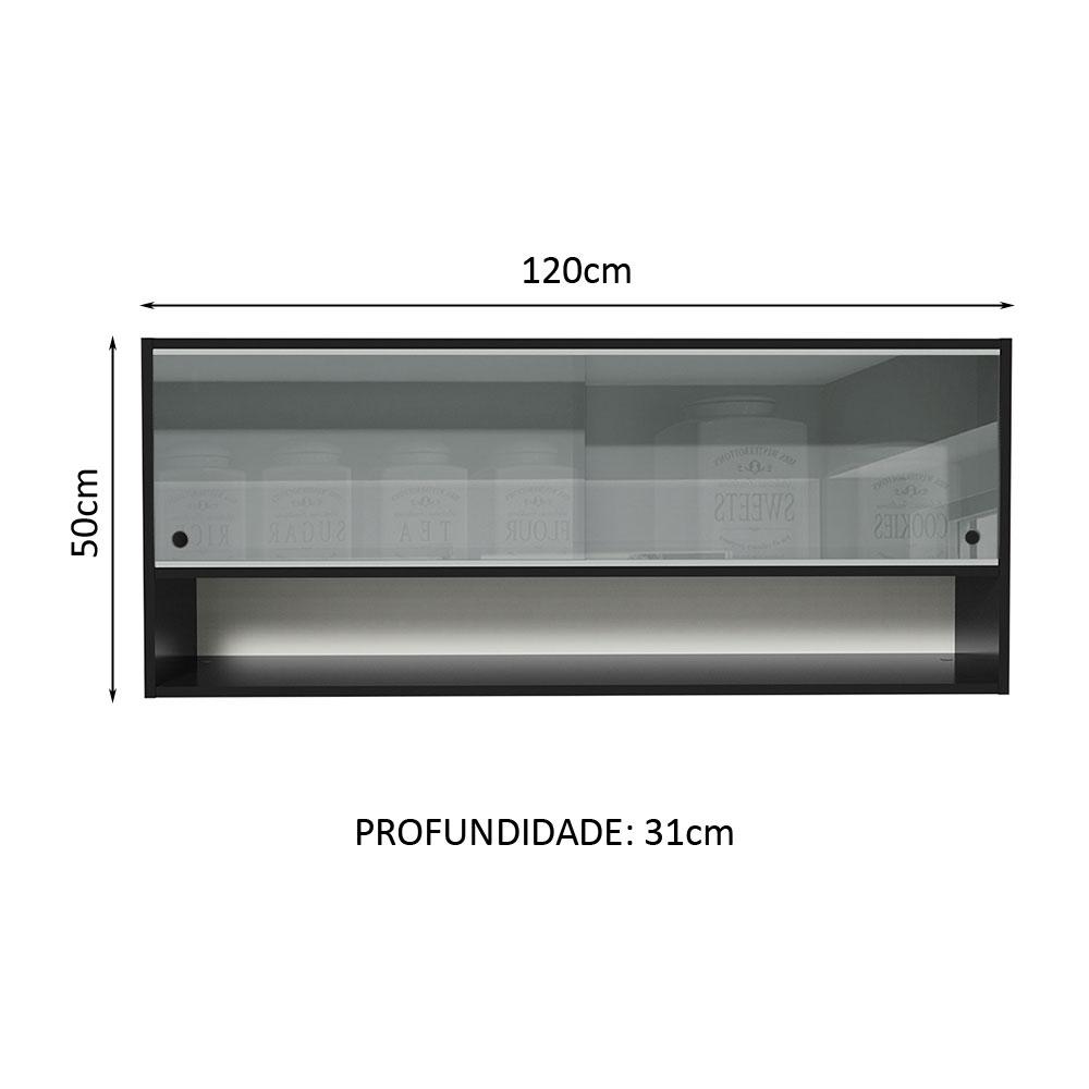 Armário de Cozinha Aéreo 120cm 2 Portas Correr Vidro Neutral 1 Nicho Preto Reims Madesa