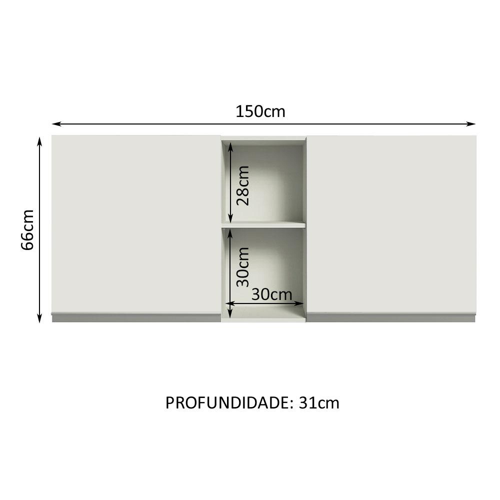 Armário de Cozinha Aéreo 150 cm 2 Portas e 2 Nichos Branco Glamy Madesa