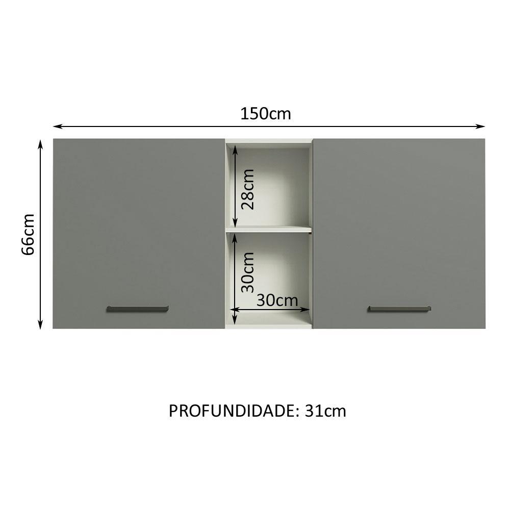 Armário de Cozinha Aéreo 150 cm 2 Portas e 2 Nichos Branco/Cinza Agata Madesa