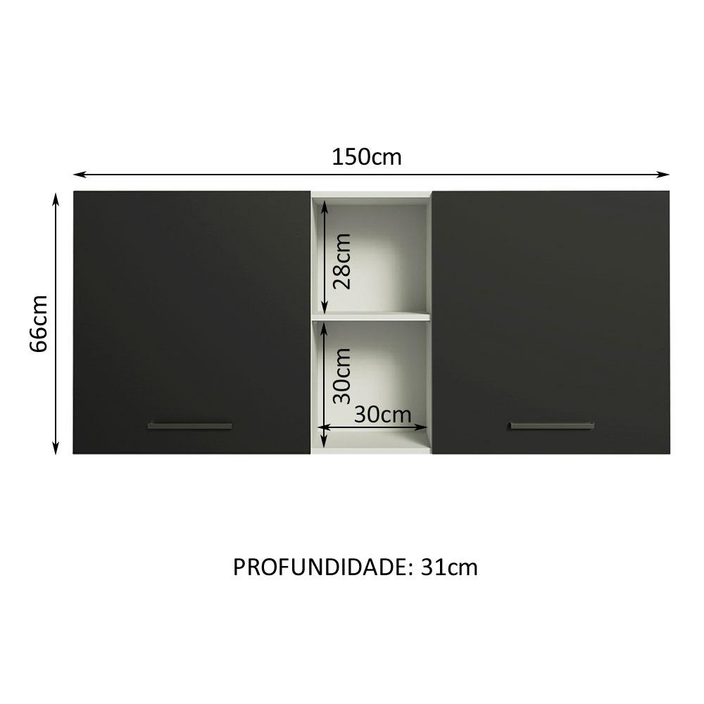 Armário de Cozinha Aéreo 150 cm 2 Portas e 2 Nichos Branco/Preto Agata Madesa
