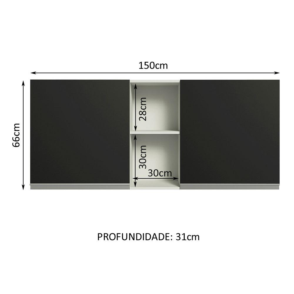 Armário de Cozinha Aéreo 150 cm 2 Portas e 2 Nichos Branco/Preto Glamy Madesa