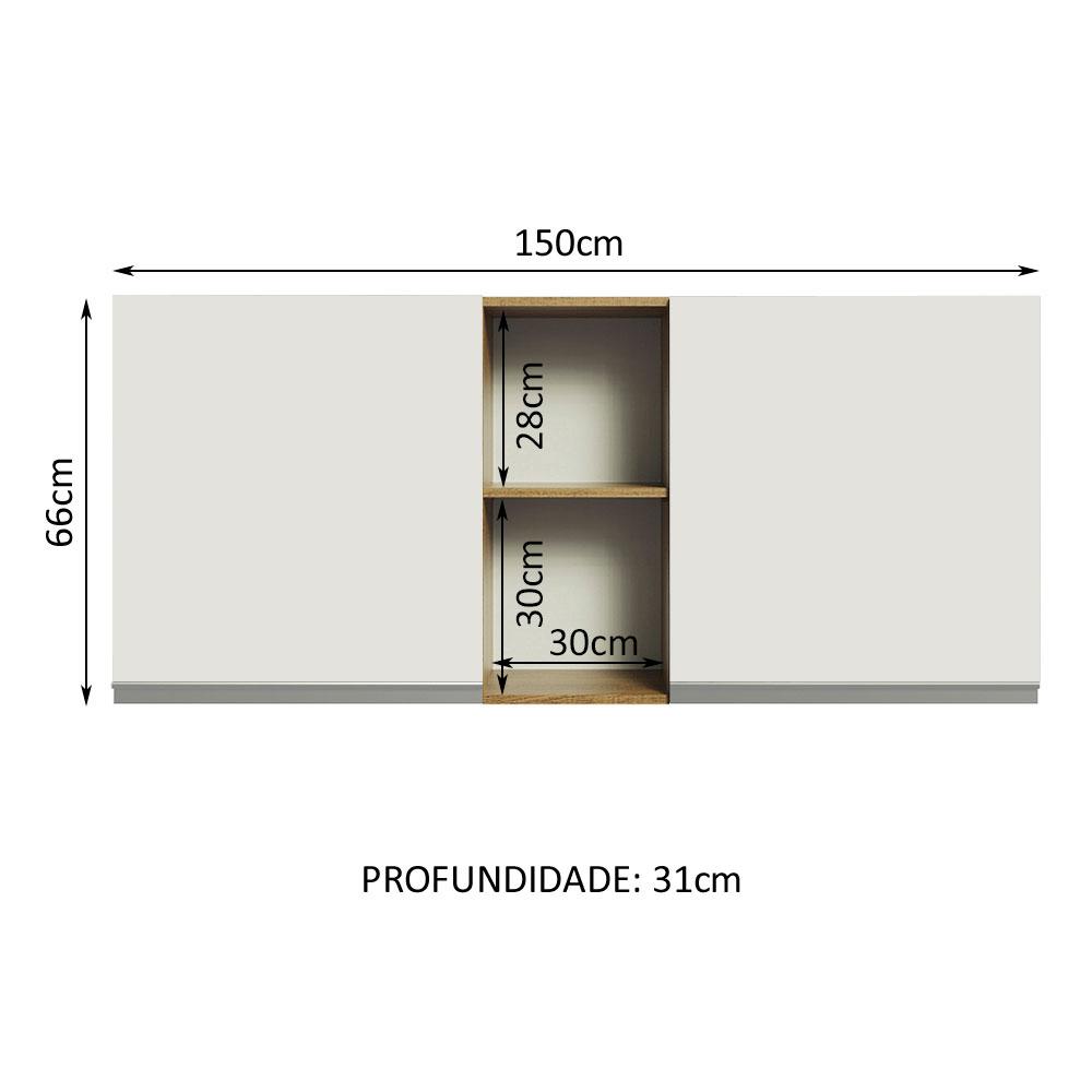 Armário de Cozinha Aéreo 150 cm 2 Portas e 2 Nichos Rustic/Branco Glamy Madesa