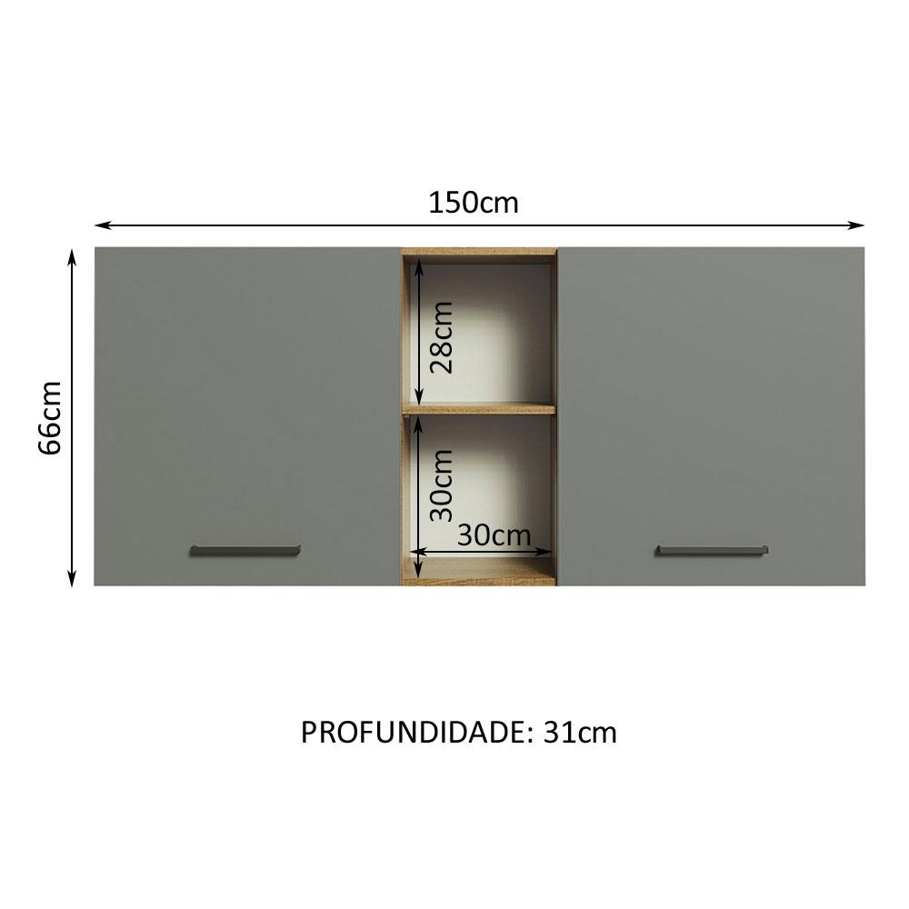 Armário de Cozinha Aéreo 150 cm 2 Portas e 2 Nichos Rustic/Cinza Agata Madesa