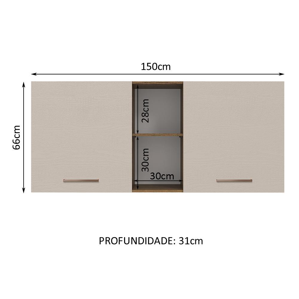 Armário de Cozinha Aéreo 150 cm 2 Portas e 2 Nichos Rustic/Crema Agata Madesa