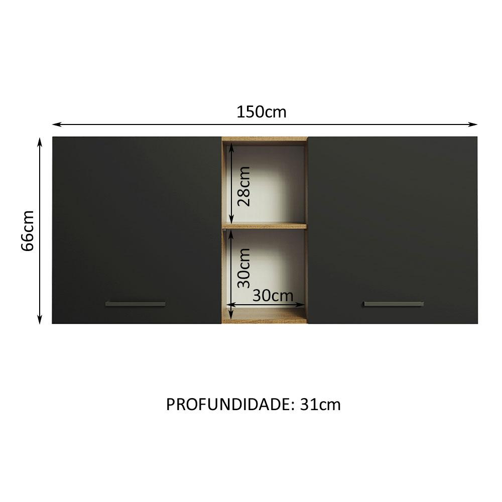 Armário de Cozinha Aéreo 150 cm 2 Portas e 2 Nichos Rustic/Preto Agata Madesa