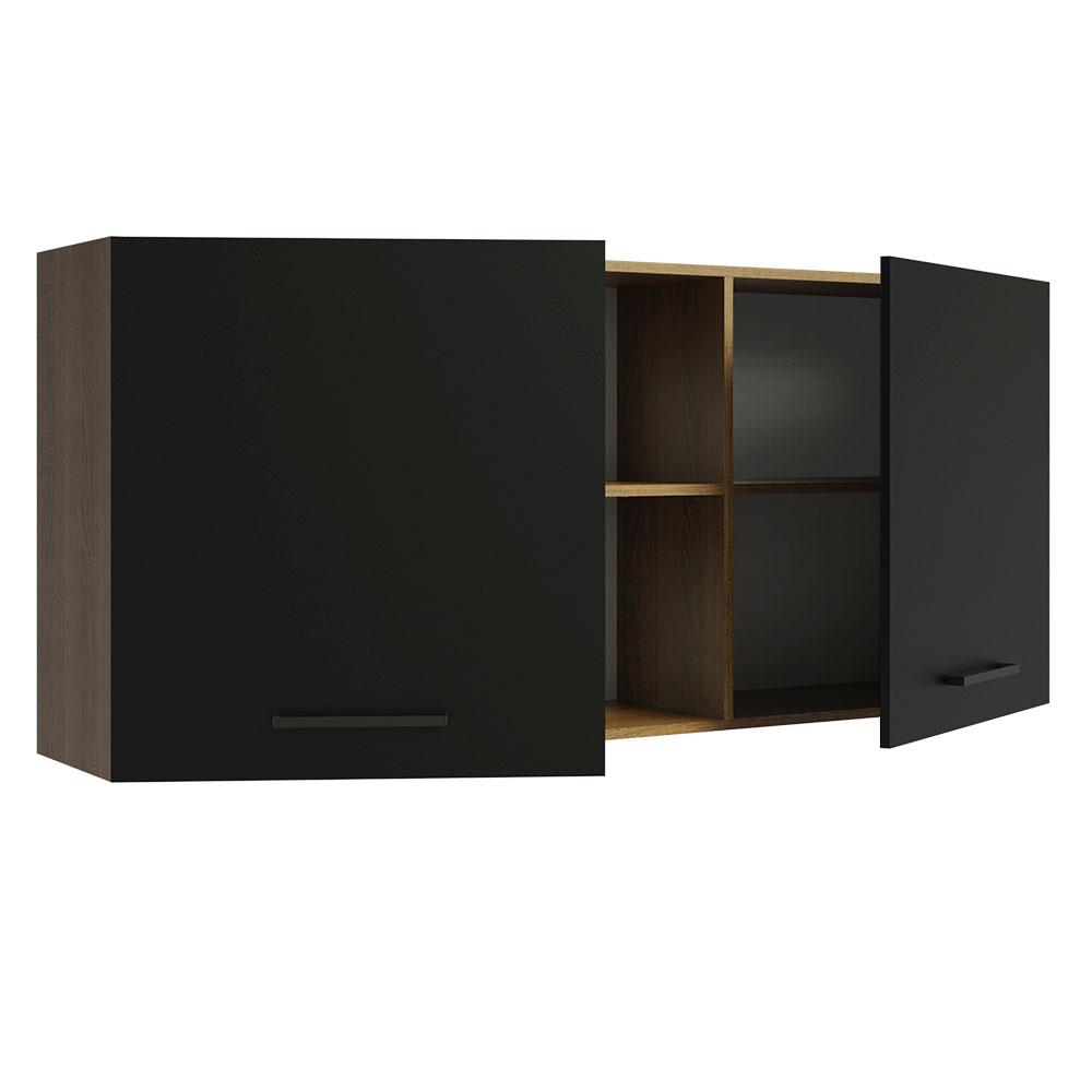 Armário de Cozinha Aéreo 150 cm 2 Portas e 2 Nichos Rustic/Preto Agata Madesa