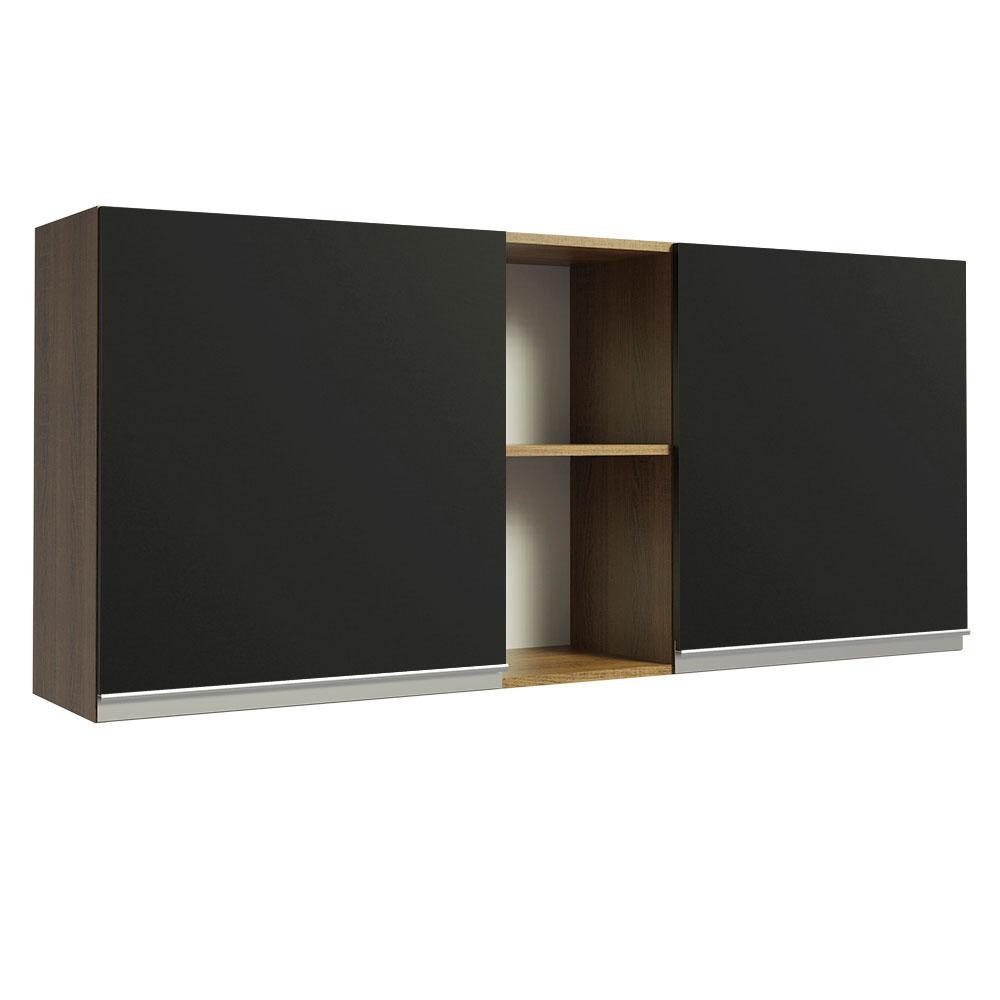 Armário de Cozinha Aéreo 150 cm 2 Portas e 2 Nichos Rustic/Preto Glamy Madesa