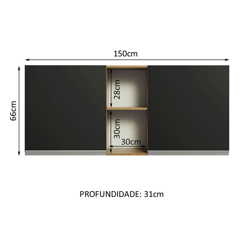 Armário de Cozinha Aéreo 150 cm 2 Portas e 2 Nichos Rustic/Preto Glamy Madesa