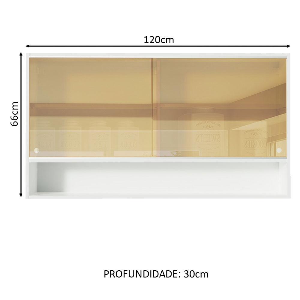 Armário de Cozinha Aéreo 2 Portas de Correr de Vidro Reflex e 1 Nicho Branco Glamy Madesa