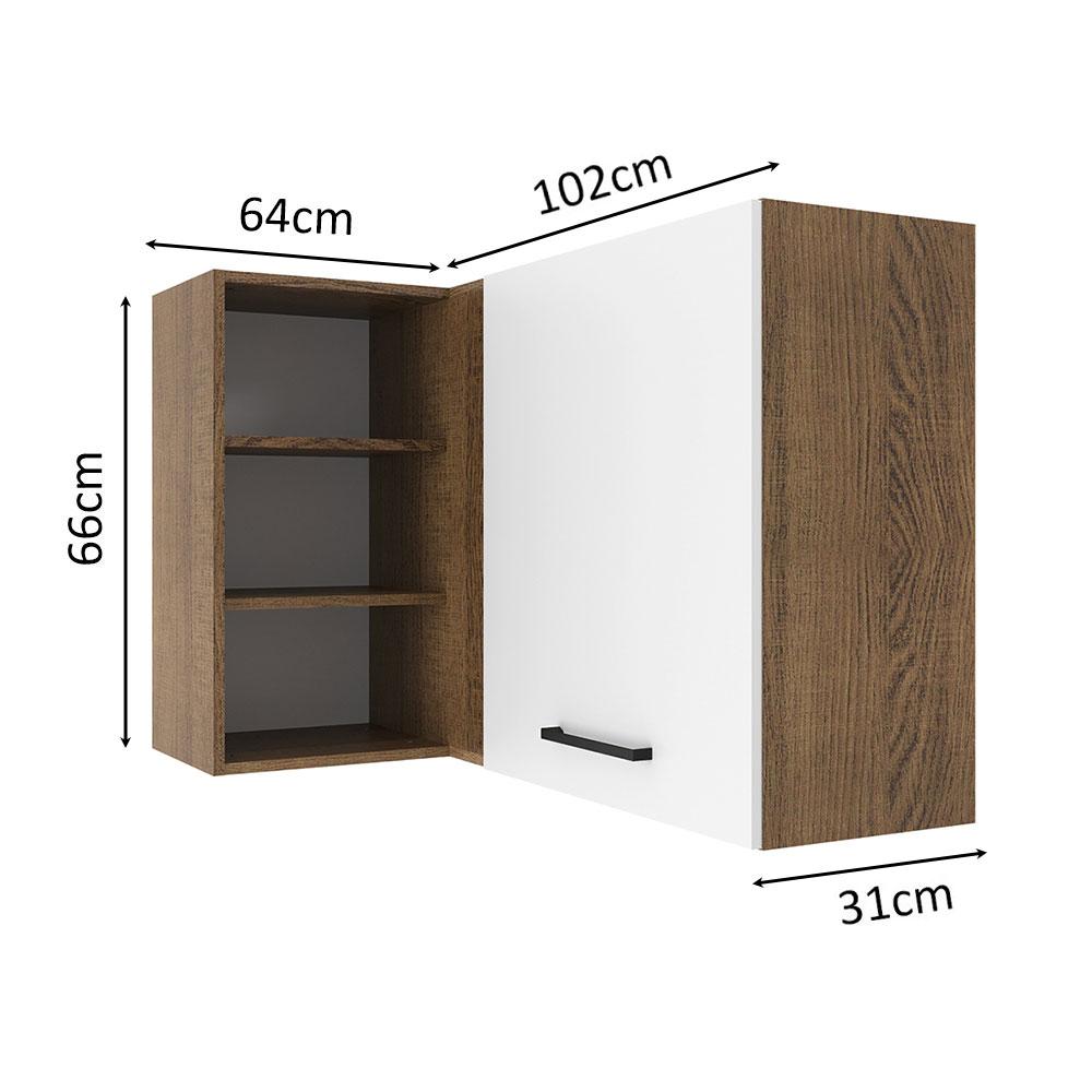 Armário de Cozinha Aéreo de Canto 1 Porta para linha de 60 cm de profundidade Rustic/Branco Agata Madesa