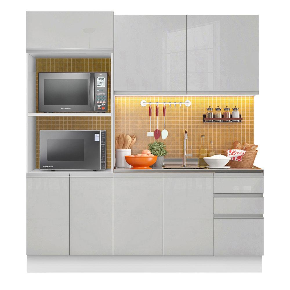 Armário de Cozinha Compacta 100% MDF Madesa Acordes XB190001 com Balcão e Torre Portas Branco Brilho