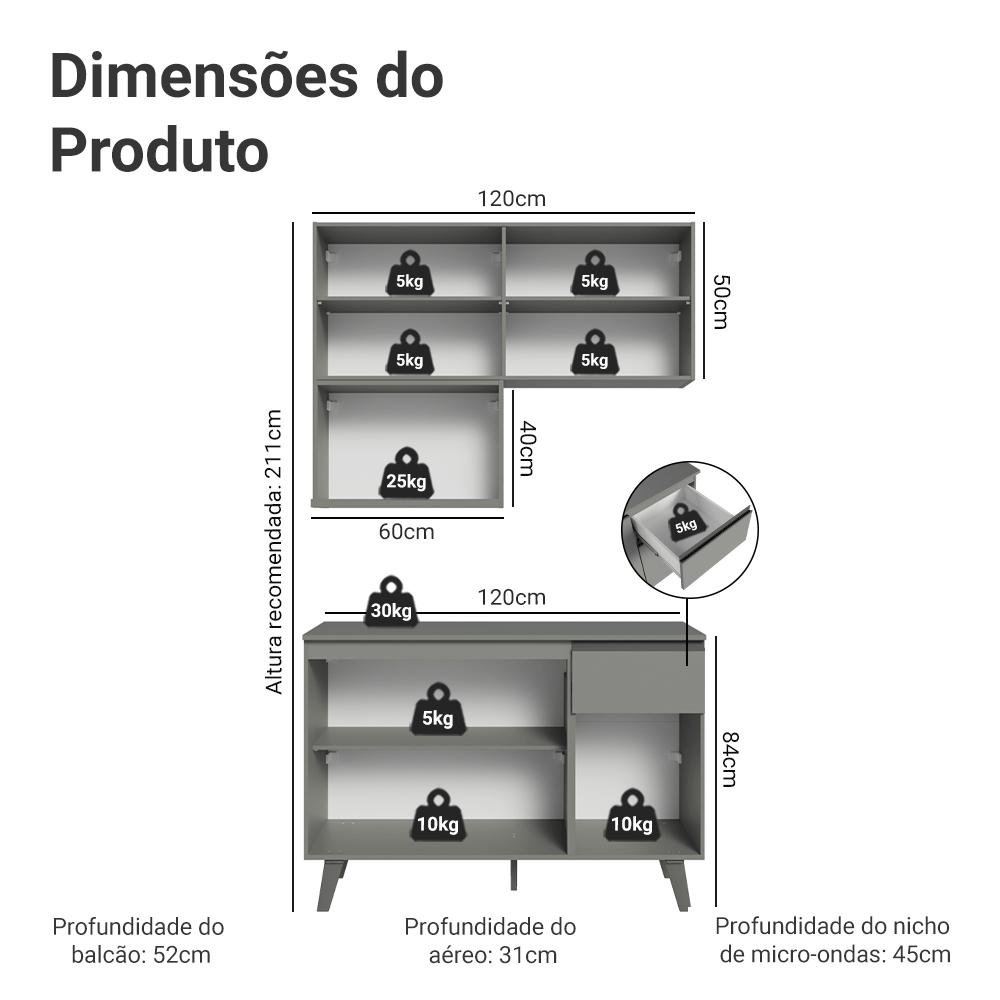 Armário de Cozinha Compacta 120 cm Cinza Nice Madesa 05