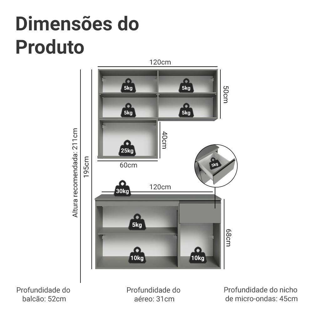 Armário de Cozinha Compacta 120 cm Suspensa Cinza Nice Madesa 06