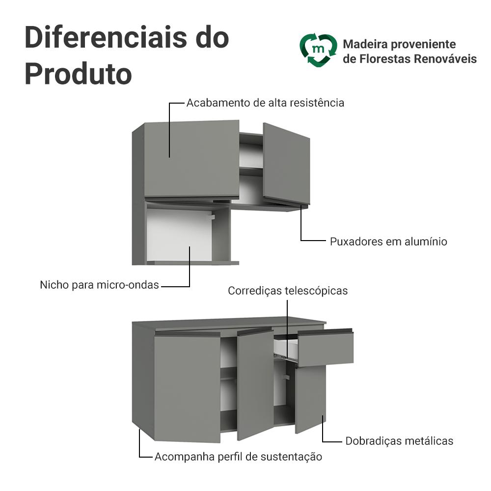 Armário de Cozinha Compacta 120 cm Suspensa Cinza Nice Madesa 06