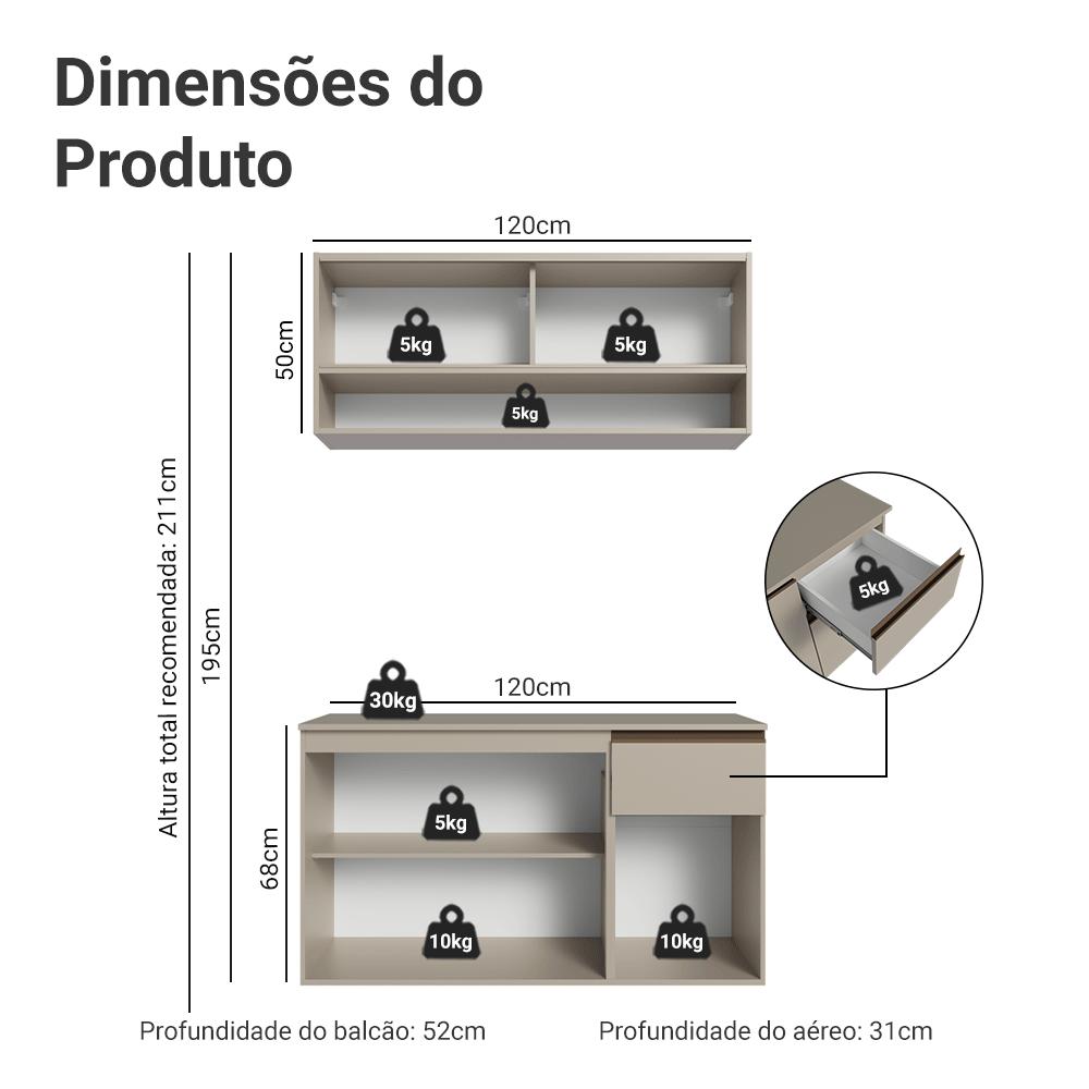 Armário de Cozinha Compacta 120 cm Suspensa Crema Nice Madesa 03