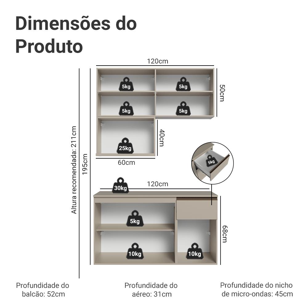 Armário de Cozinha Compacta 120 cm Suspensa Crema Nice Madesa 06