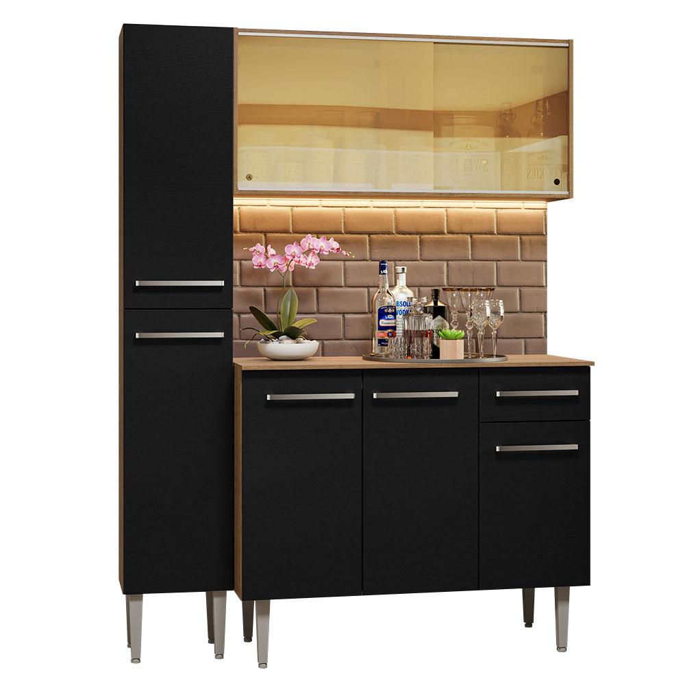 Armário de Cozinha Compacta 137cm Rustic/Preto Emilly Madesa 06