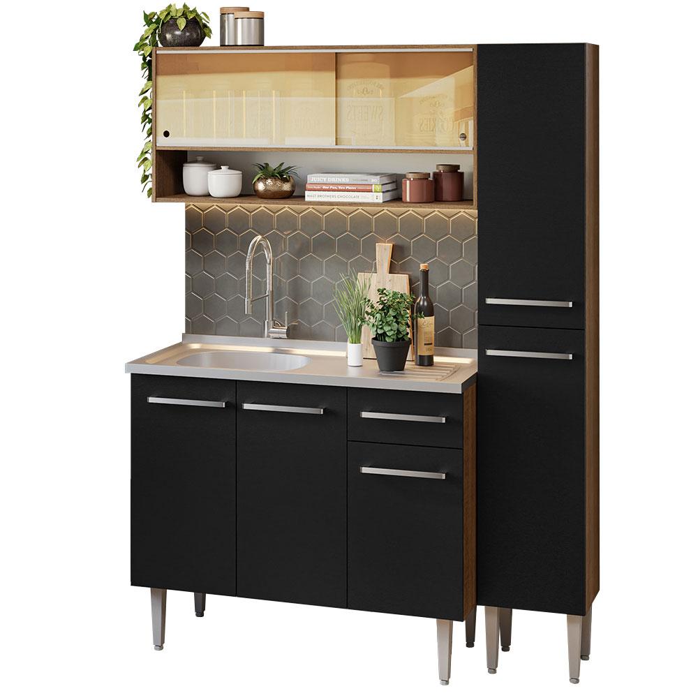 Armário de Cozinha Compacta 137cm com Pia Rustic/Preto Emilly Madesa 10
