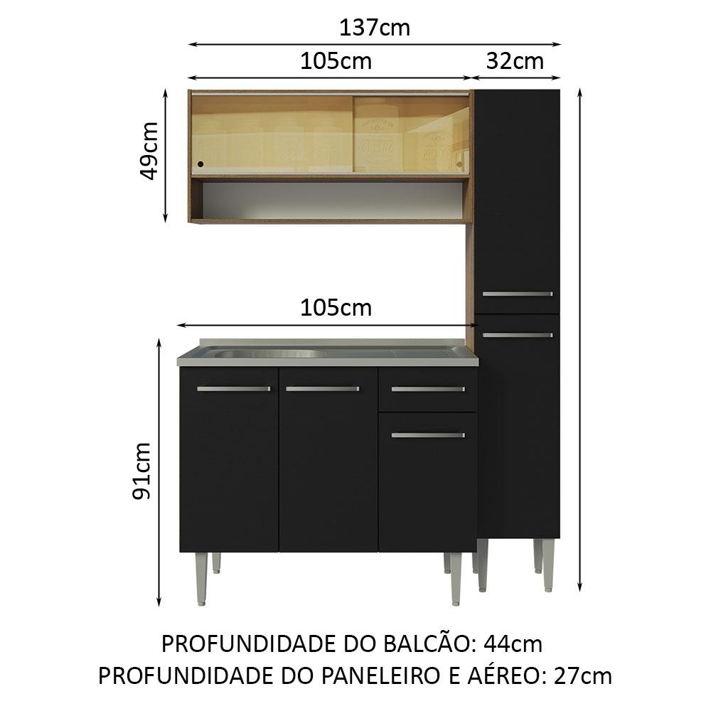 Armário de Cozinha Compacta 137cm com Pia Rustic/Preto Emilly Madesa 10