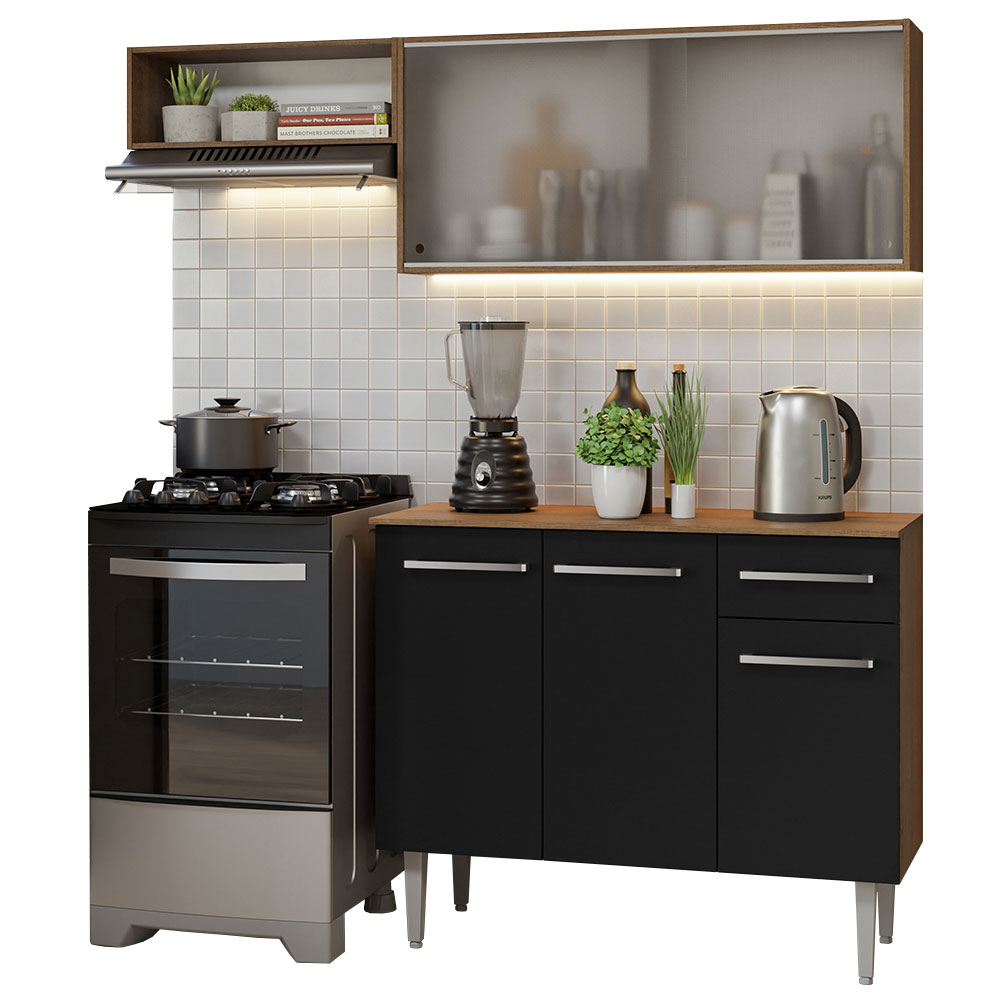 Armário de Cozinha Compacta 165cm Rustic/Preto Emilly Madesa 03
