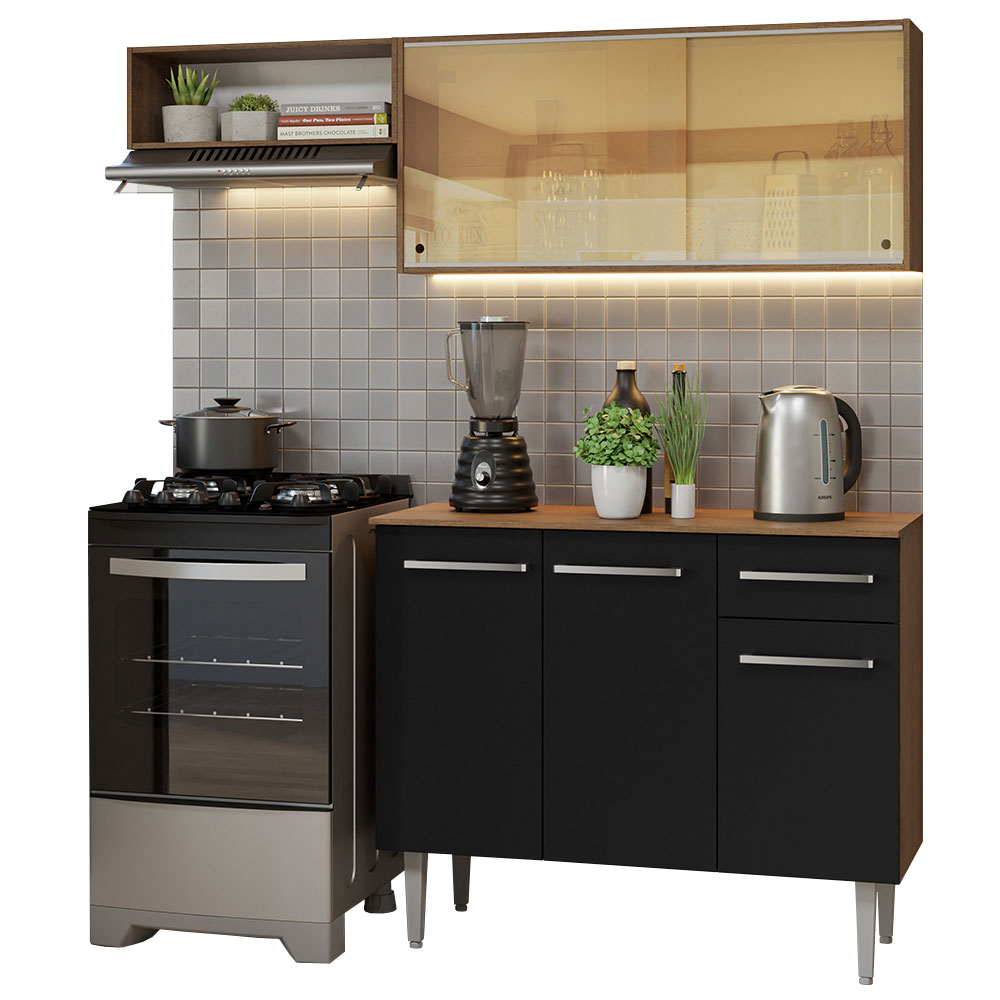 Armário de Cozinha Compacta 165cm Rustic/Preto Emilly Madesa 04