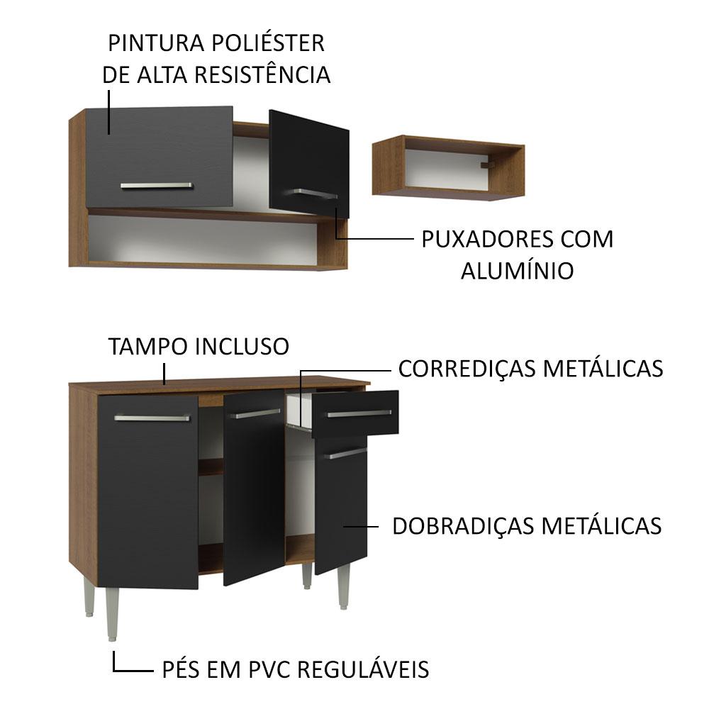 Armário de Cozinha Compacta 165cm Rustic/Preto Emilly Madesa 08