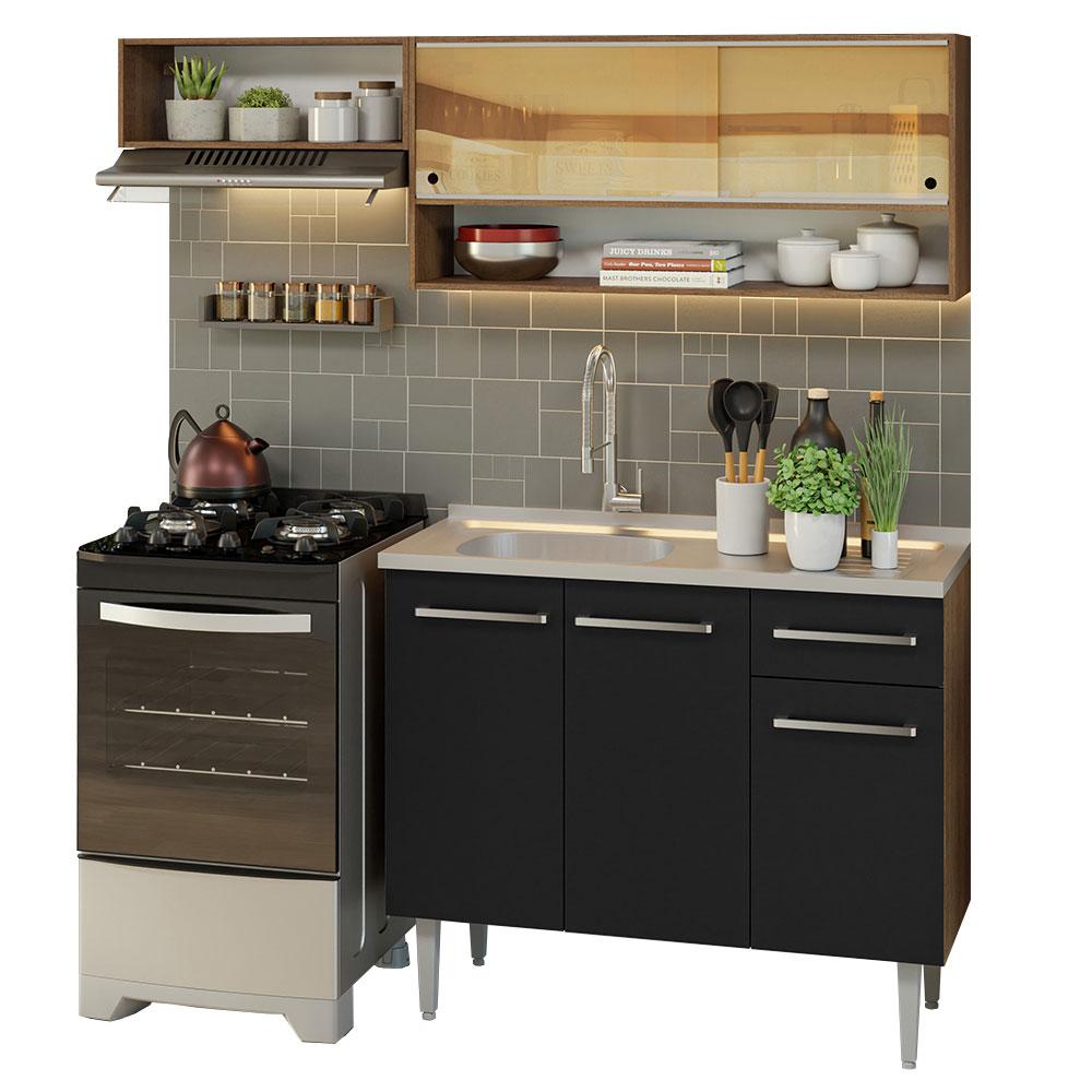 Armário de Cozinha Compacta 165cm com Pia Rustic/Preto Emilly Madesa 01