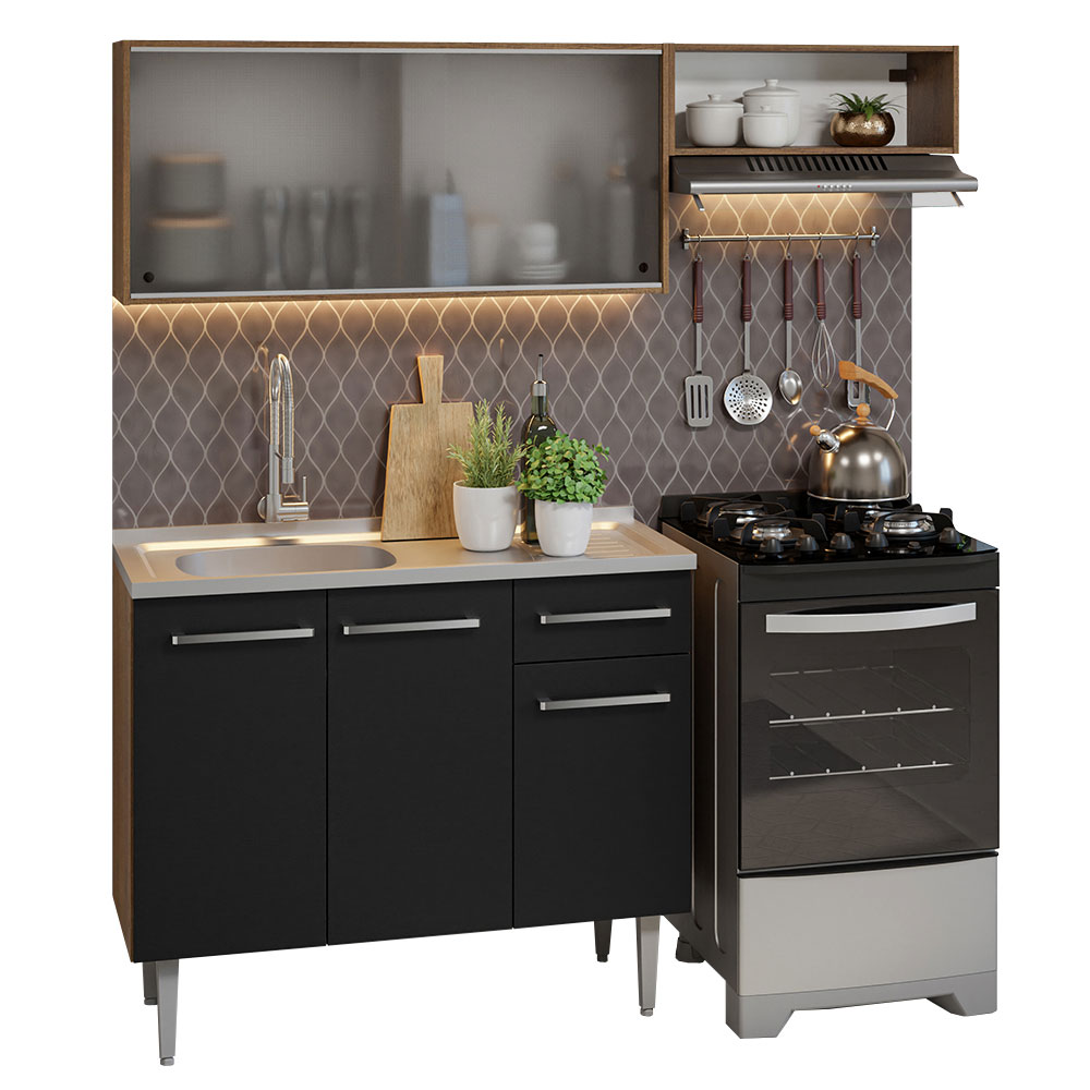 Armário de Cozinha Compacta 165cm com Pia Rustic/Preto Emilly Madesa 05