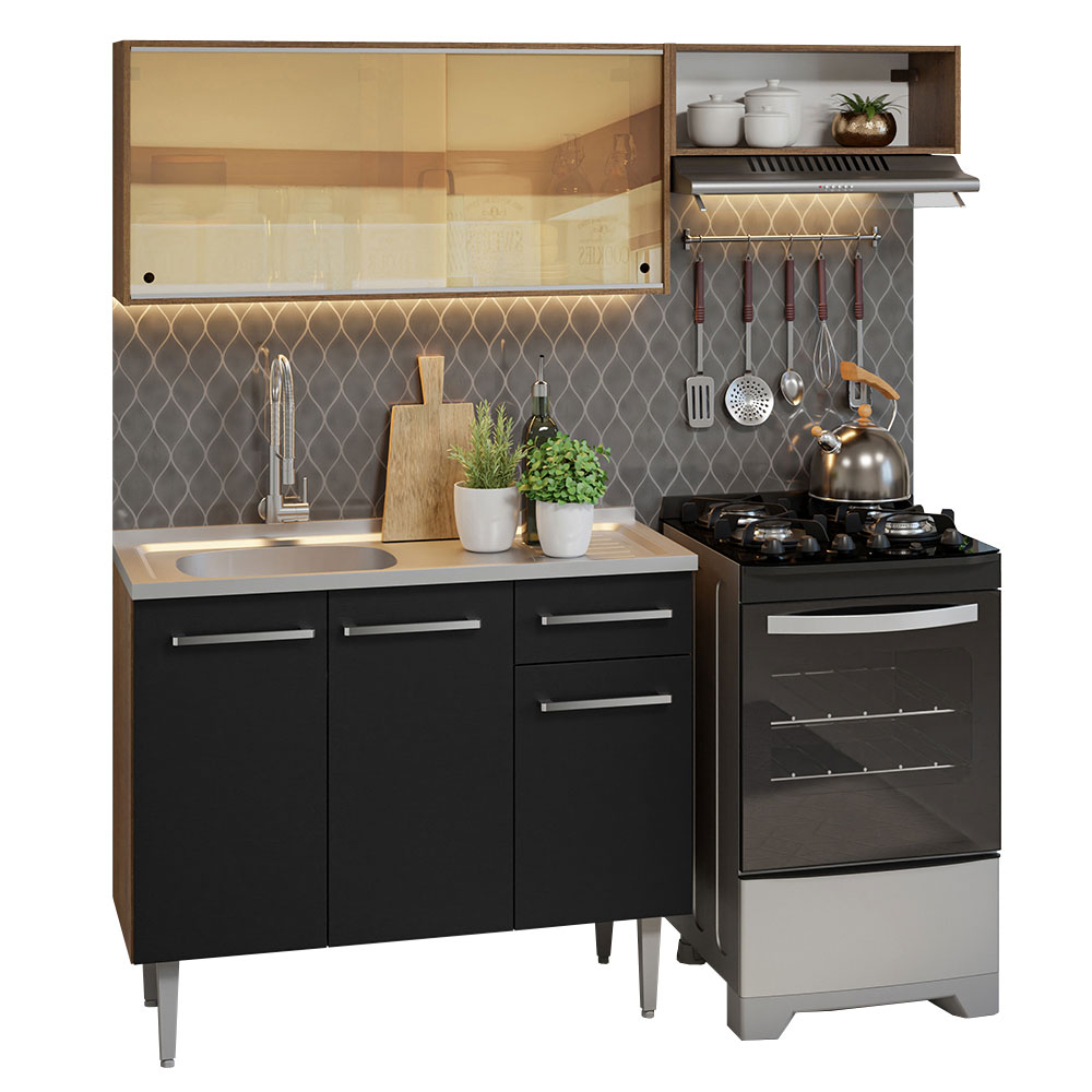 Armário de Cozinha Compacta 165cm com Pia Rustic/Preto Emilly Madesa 06